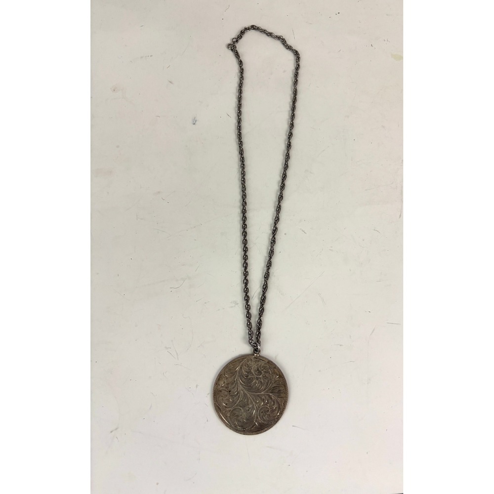 Vintage Sterling Silver Engraved Round Pendant Necklace Boyd Reno Nevada